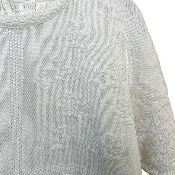1980's L.L. Bean Made in USA 100% Cotton Mixed Knit Floral Short Sleeve Sweater - Picture 4 of 9